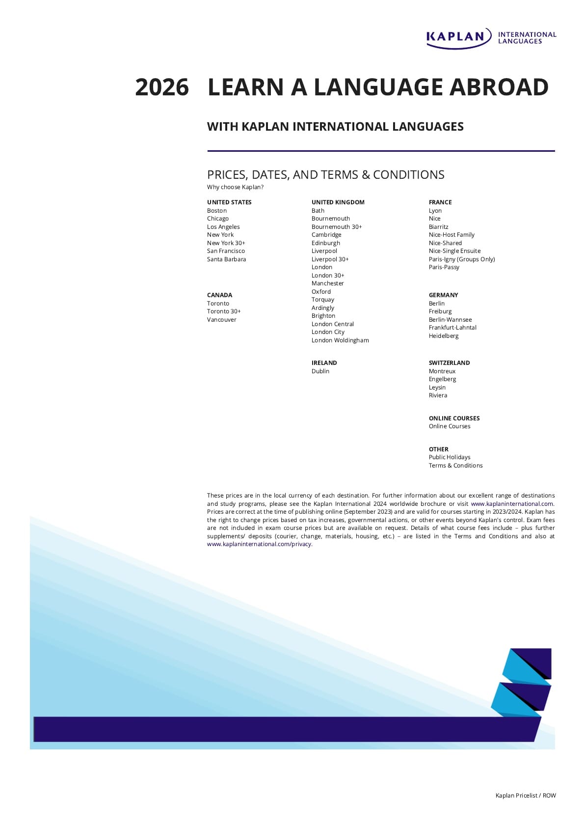 카플란(Kaplan)어학원 학비표